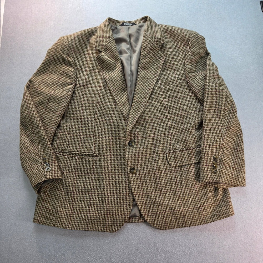 Haggar Clothing Co Mens 44S Houndstooth Wool Silk Blend Blazer Sport Coat Brown